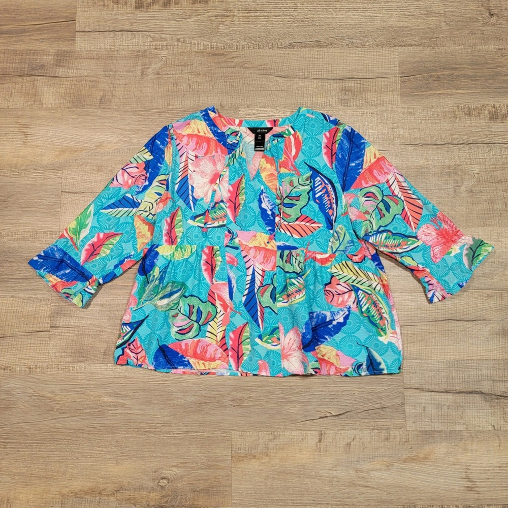 Ali Miles Womens PXL Tropical Floral Print V-Neck Tunic Top Blue Pink Pockets